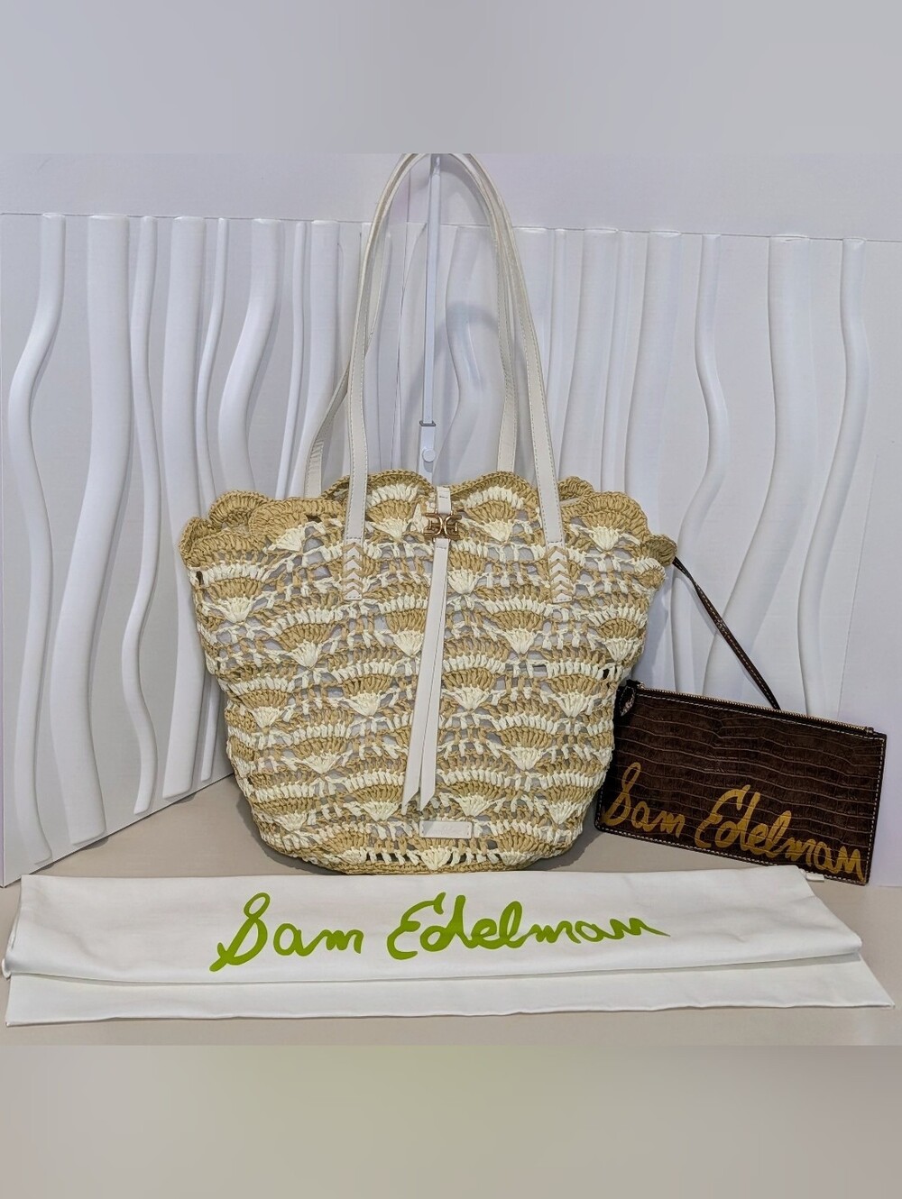 Sam Edelman Laylah Raffia Woven Scalloped Tote NWT Natural Ivory Incl.  Dustbag